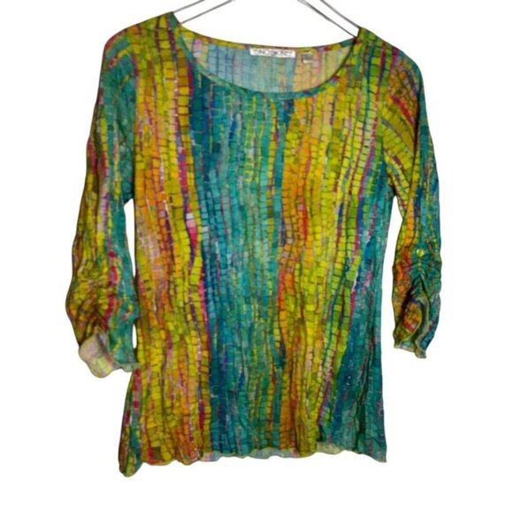 Snoskins Multicolor Mosaic Print Roll Tab Sleeve Womens Top Size S - Picture 1 of 6